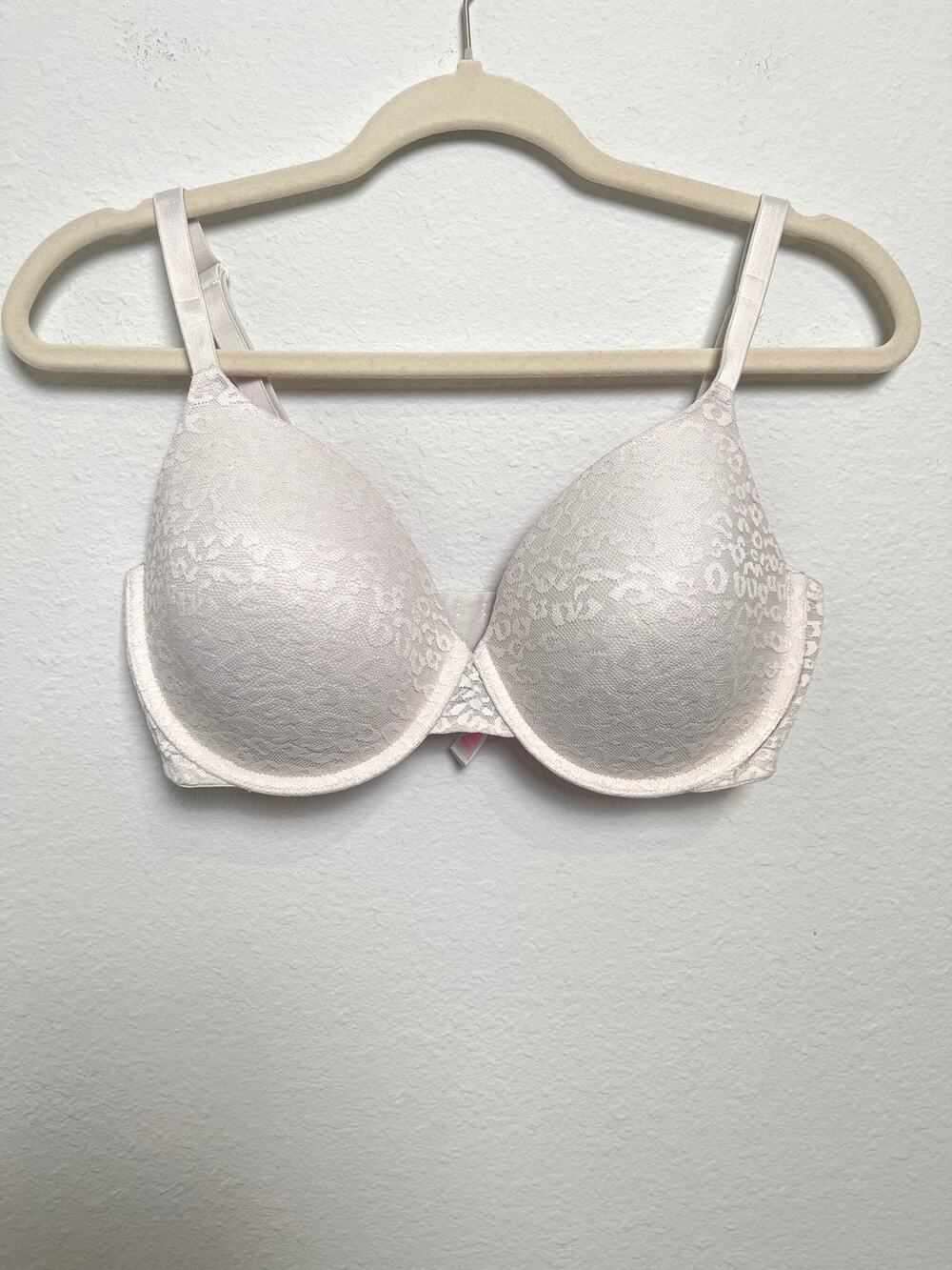 PINK Victoria’s Secret 36DD Bra White Lace Leopard Hot Print  Pink Lining